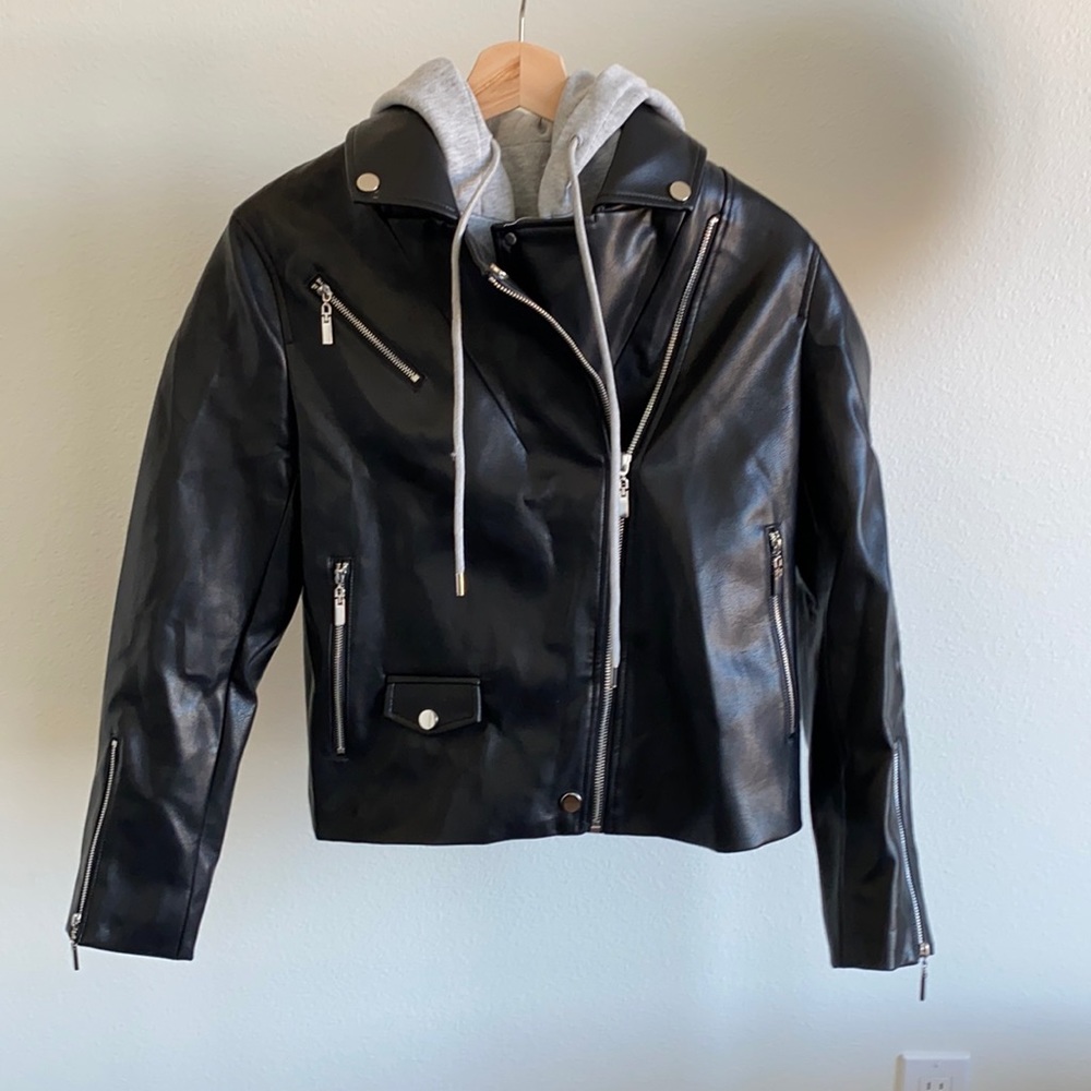 Never worn leather jacket with hoodie